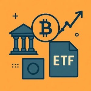 Symbolic vector illustration representing Bitcoin ETFs and institutional investment, featuring a Bitcoin icon, ETF document, bank building, and upward trend chart.